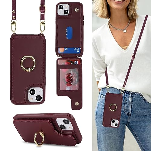 Image of for iPhone 13 Mini Case with Card Holder and Strap for Women,Crossbody Lanyard,Kickstand Ring Stand,Snap Clasp,RFID Blocking,Phone Wallet Cases 5.4 inch(Wine Red)
