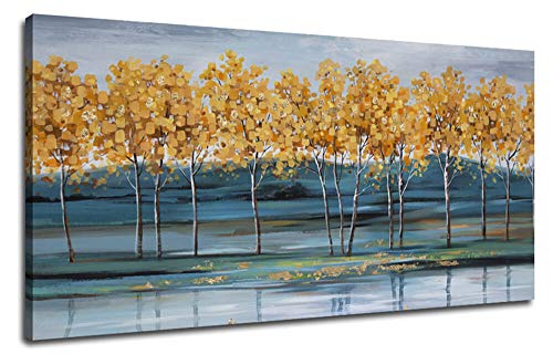 Ardemy Canvas Wall Art Gold Ginkgo Tree Nature Painting Prints, Modern Blue Landscape