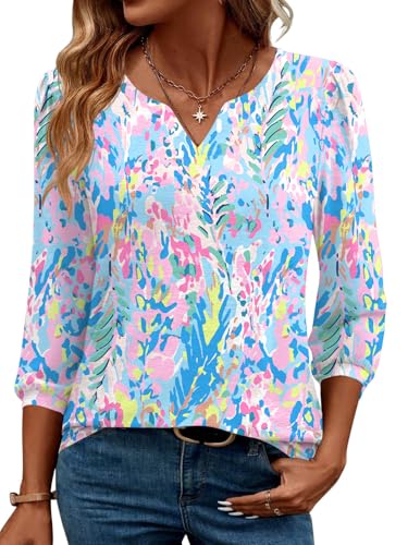 LUYAA 3/4 Length Sleeve Womens Tops Dressy Casual V-Neck Puff Sleeve Blouses Business Work Tunic Shirt S-XXL