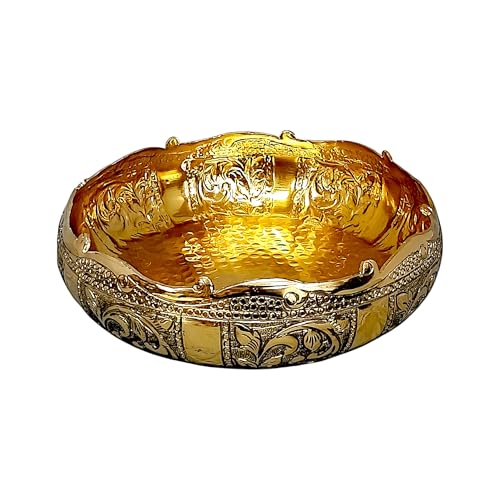 Image of Decorative Embossed Urli Bowl | Aluminium Urli Pot for Floating Flowers and Tea Light Candles Home Office Table Decor Diwali Decoration Items (Brass Antique, Large (12 inch))