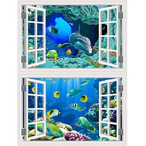 2 Blätter 3D Unter Dem Meer Gefälschte Windows Wandtattoo, Kreativ Delfin Tropische Fische Leben Im Meer Faux-Fenster Wandaufkleber, Abnehmbar Fenster Öffnen Ozean Tapete für Kinder Schlafzimmer Cover