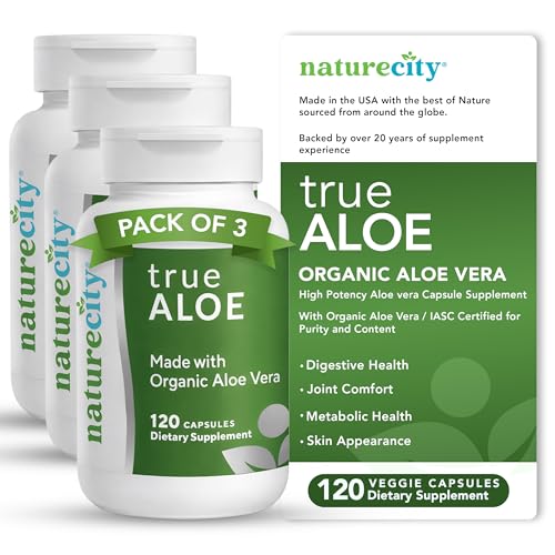NatureCity TrueAloe Organic Aloe Vera Capsules - Supports Digestive Balance, Joints and Stomach Comfort - Plant-Based Aloe Barbadensis Powder - Easy-to-Swallow Single Ingredient Formula - 360 Caps