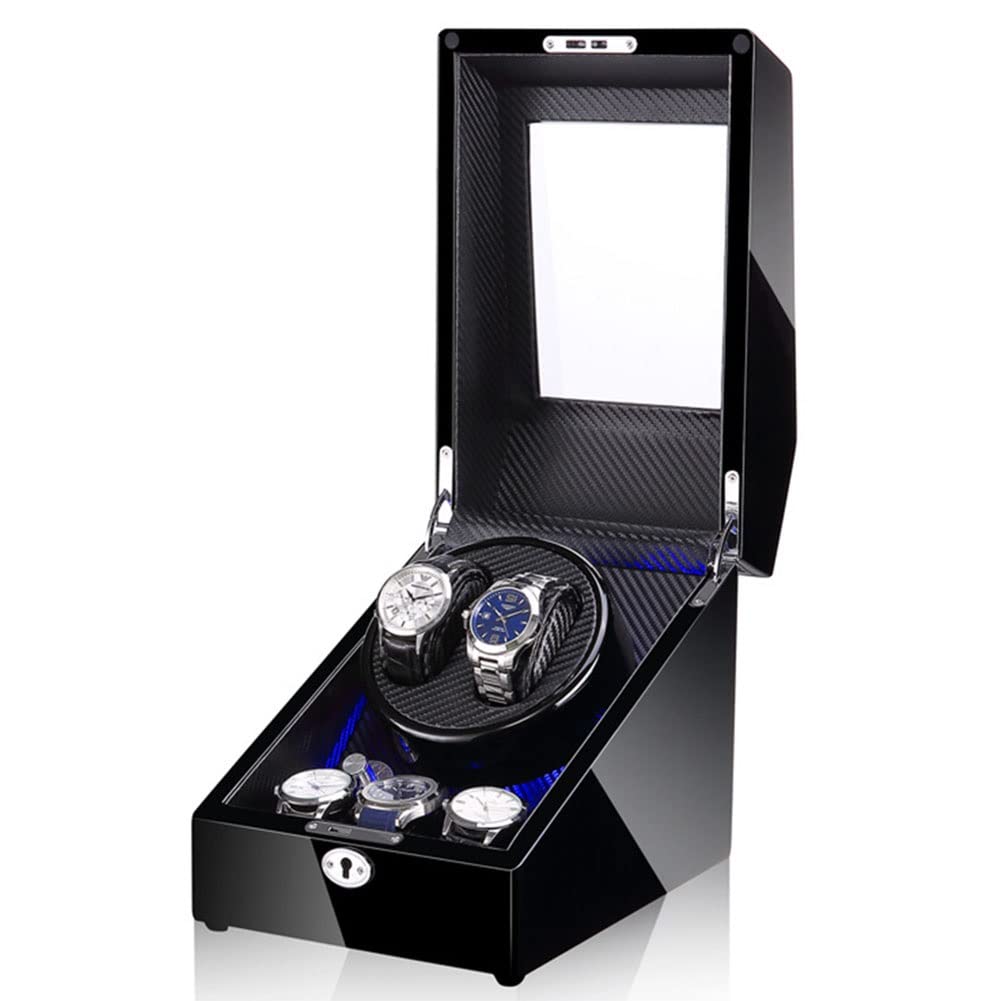 CGCSYZ Automatic Watch Winder Display Box 2+3 Automatic Rotation Wood Watch Winder Collector Display Box Watch Case With Quiet Motor 5 Rotation Modes LED Lights Carbon Fibre Interior (Svart)