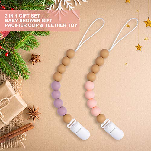 Baby Pacifier Clip Silicone Beads-Newborn Pacifier Holder for Soothie Binkies Teethers BPA Free Natural Chew Teething Relief Toys for Boy Girl Gender Neutral Baby Shower Gifts Unique 2 Pack (Pink)