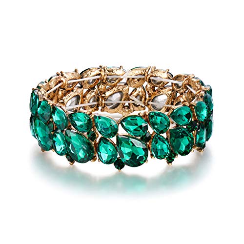 EVER FAITH Women's Costume Jewelry Crystal 2 Layer Teardrop Stretch Bracelet for Prom Party Green Antique Gold-Tone
