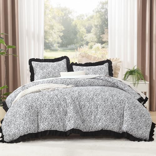 Image of Litanika Black White Queen Comforter Set, 3 Pieces Ruffle Floral Farmhouse Aesthetic Bedding Comforter Set, All Season Soft Lightweight Fluffy Microfiber Bed Set(90x90In Comforter, 2 Pillowcases)
