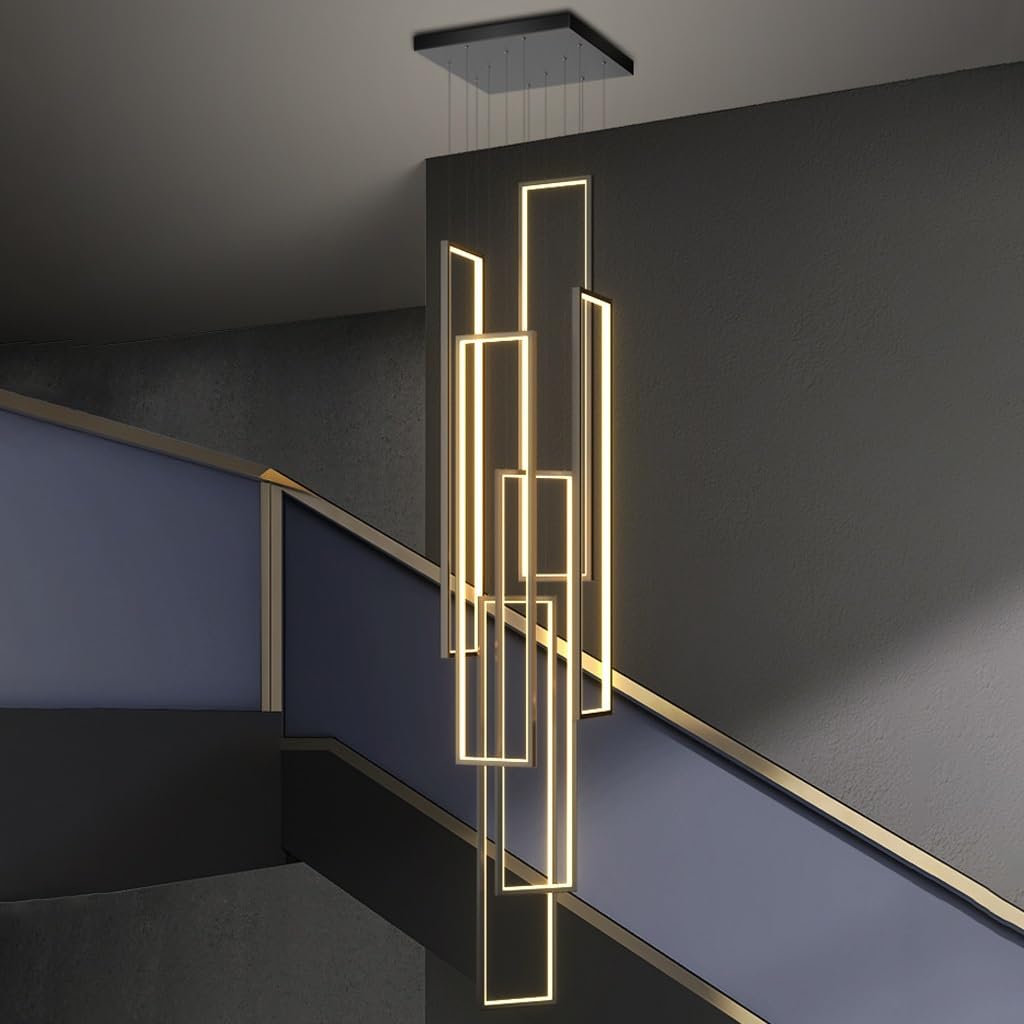 PANNN Modern Dimmable LED Pendant Light with Remote Control, Adjustable Height, 230W, Black, 6 Rings Rectangle Chandelier for High Ceiling, Foyer, Hotel
