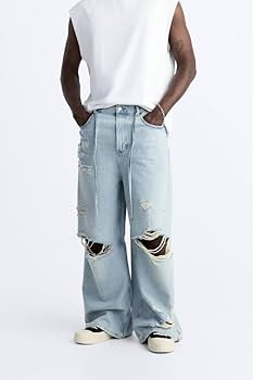 Amazon.co.jp: ZARA メンズ 完売 ダメージバギーデニムパンツ 40