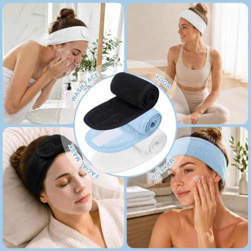 Image of Whaline 3Pcs Spa Facial Headbands Make Up Wrap Head Terry Cloth Headband Soft Adjustable Towel Band for Face Washing Shower Facial Cover Yoga (White, Black, Light Blue)