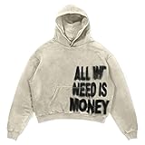 Y2K sweatshirt with hip-hop letter print oversized men's and women's hoodies, casual loose solid Gothic top (Apricot 01,Medium)