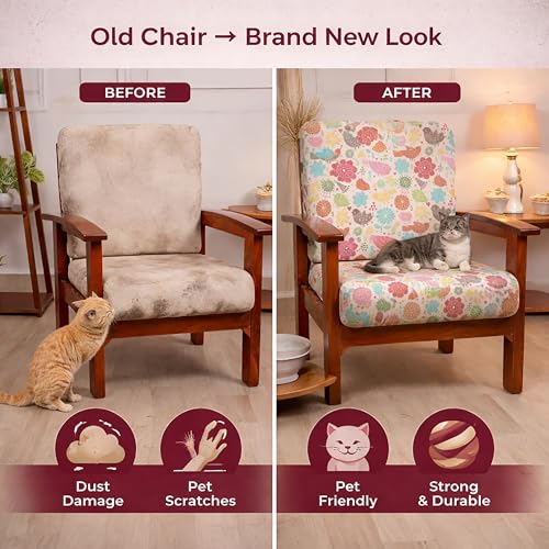 Image of STITCHNEST 'Contour Fit Series' Stretchable Printed Wooden Sofa Cover (Pack of 2) - Elastic Wooden Chair Cover | Wooden Sofa Seat Cover | Size - 20-21 x 20-21 x 3-5 in