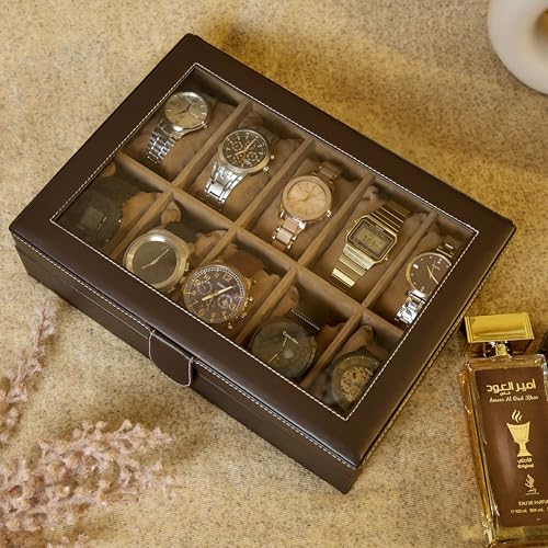 Image of Leather World Faux Leather Watch Box Organizer For Men & Women - Wrist Watch Box Holder 10 Slots - Removable Pillows Display Case - Gift for Loved Ones - Brown