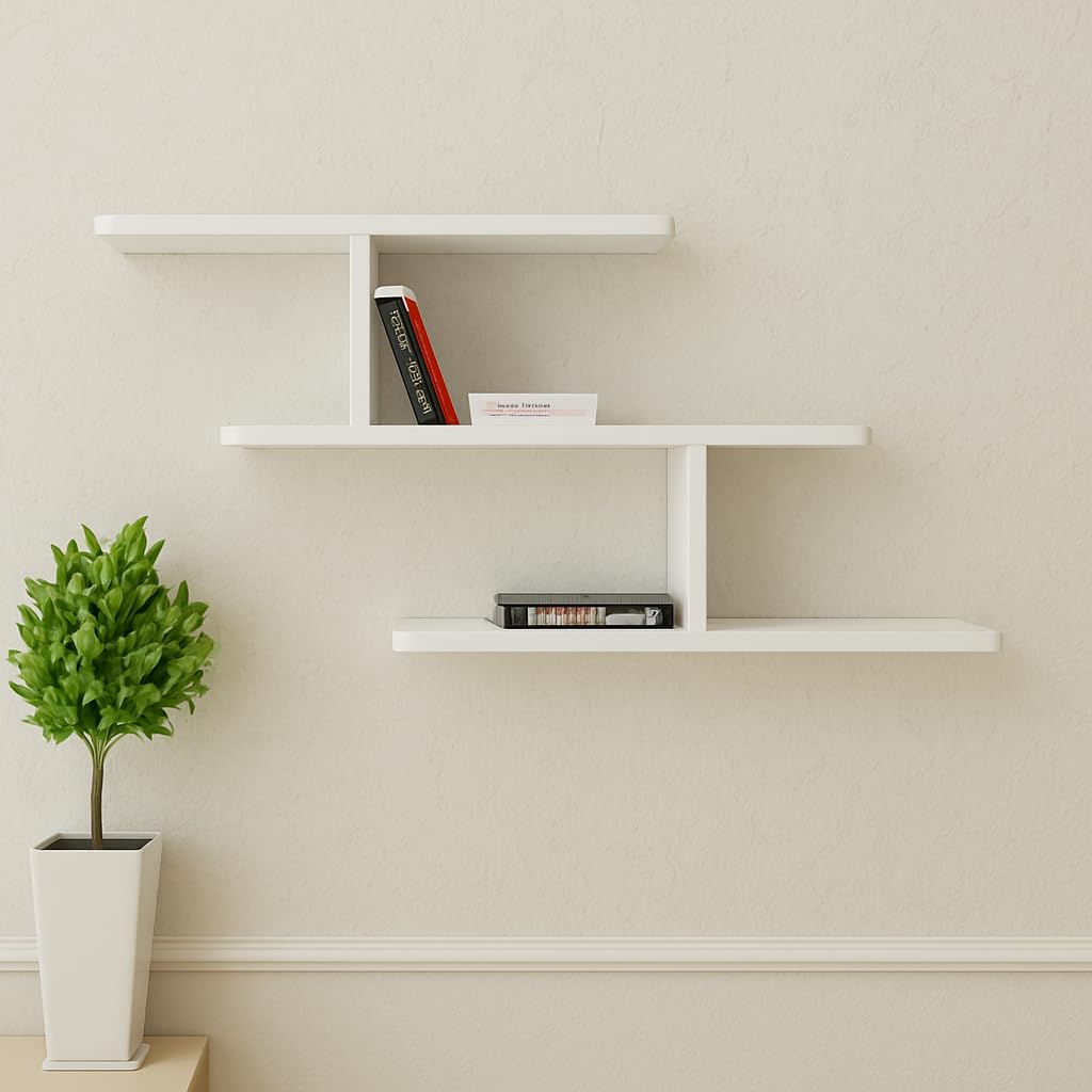 Woodilla Zig Zag Wall Mount Shelf/Rack/Bookshelf/TV Stand Wall Shelf Wall Mounted Multipurpose Rack/File Rack/Bookcases/Storage Organizer for Home & Office (Full White)-image-49