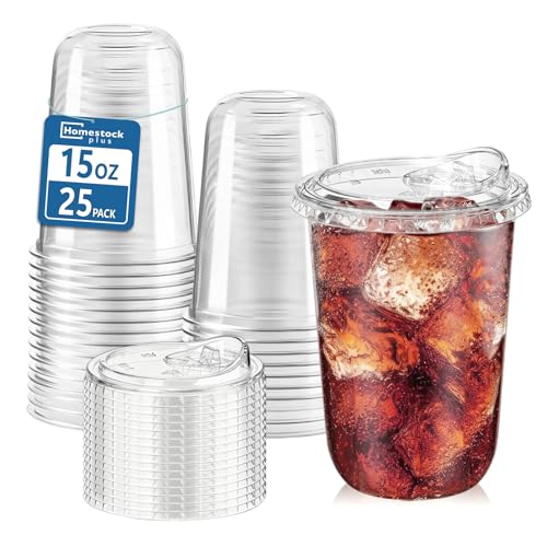 Homestockplus 25 Pack 15 oz BPA-Free Clear Plastic Cups with Strawless Sip Lids - Leak-Proof Round Bottom Disposable Iced Coffee Cups for Kids To-Go Cold Drinks Ideal for Small Parties & Daily Use