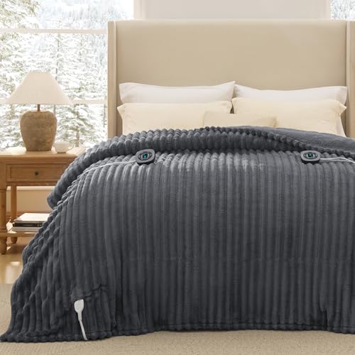 Image of Bedsure Electric Blanket Queen Size - Thick Striped Flannel Electric Blanket with Dual Control, Heating with 10 Heat Settings & 10 Time Settings, 8 hrs Timer Auto Shut Off (84x90 inches, Grey)