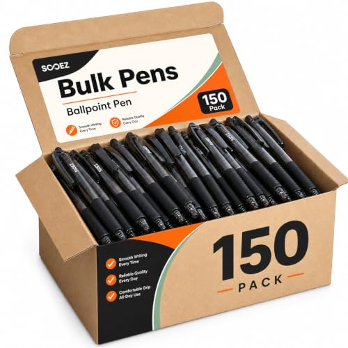 Image of Sooez 150 Pack Bulk Pens Ballpoint, Smooth Writing Pens with Soft Grip | Retractable Blue Ink Pens, Medium Point 1.0mm Pen for Journaling, Ballpoint Pen Office Supplies