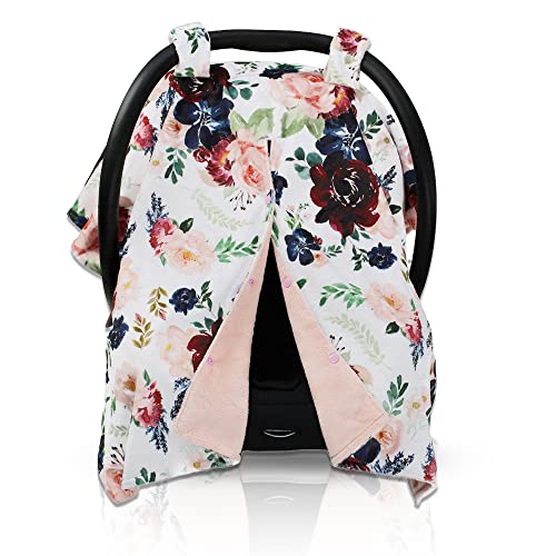 Image of Dear Baby Gear Car Seat Cover for Boys & Girls - Baby Carseat Canopy w /Snap Opening - Infant Seat Cover - Stroller & Nursing Covers - Newborn Carrier Canopy- 40x30 inch (Burgundy & Navy Floral on Blush)