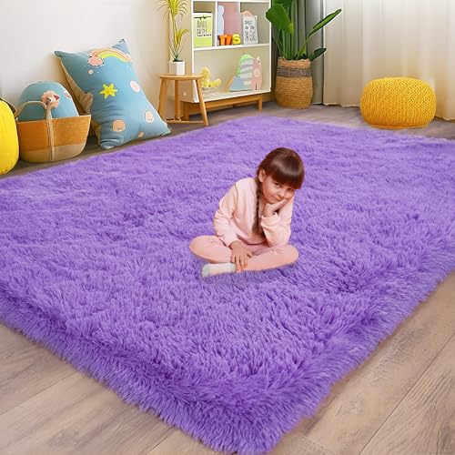 Fluffy Shag Rugs for Bedroom Girls, Soft 4x6 Purple Shaggy Carpet Rug for Kids Room Nursery Dorm, Non Slip Fuzzy Plush Indoor Floor Throw Rug for Living Room Home Decor Aesthetic