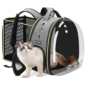 Katzen- und Hundetransportrucksack mit transparentem Fenster und Reißverschluss, erweiterbar, mit Belüftungslöchern und verstellbaren Gurten, für Katzen und kleine Hunde, grau