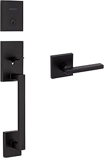 Weiser Matte Black Front Door Lock and Handle Set, San Clemente Deadbolt Lock and Handleset with Reversible Halifax Interior Door Handle/Door Lever, Front Door Handles with Lock, Modern Home Décor