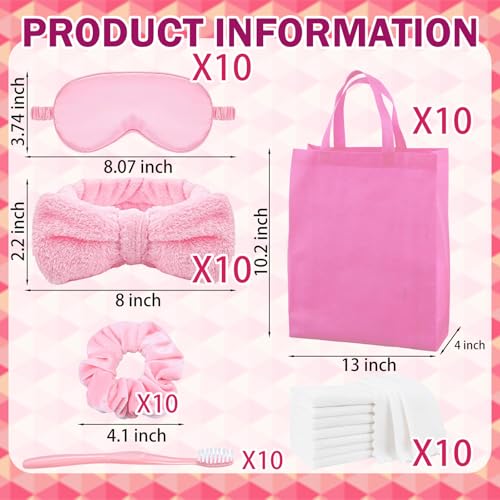 10 Set Girls Spa Party Supplies, 10 Robe, 10 Slippers, 10 Towels, 10 Toothbrush, 10 Headbands, 10 Spa Masks, 10 Tote Bags for Sleepover Party Supplies (US, Alpha, One Size, Regular, 10, Deep Pink)2