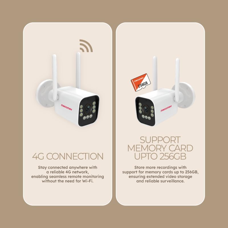 Image of MANOMAY 3MP 4G Bullet CCTV Camera (Pack of 2) | STQC Certified | IP66 Waterproof | All Time Colour Night Vision | Human Detection | Supports Up to 256GB Memory Card & Cloud Storage | M1097SF