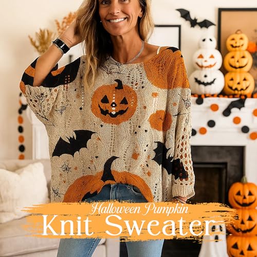 Halloween Pumpkin Knit Sweater, Womens Pumpkin Chunky Crochet Hooded Sweaters, Oversized Bat Cozy Fall Pullover Sweatshirts2
