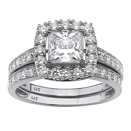 Platinum over Sterling Silver Princess Cut Created Sapphire 2 Piece Halo Bridal Ring Set Size 6