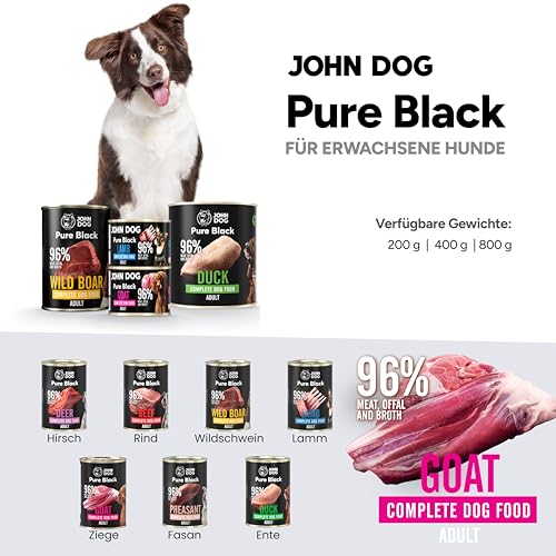 JOHN DOG Hundenassfutter Pure Black Ziege - Premium Getreidefreies Hundefutter mit 96% Fleisch - Monoprotein Nassfutter für ausgewachsene Hunde 6 x 400g