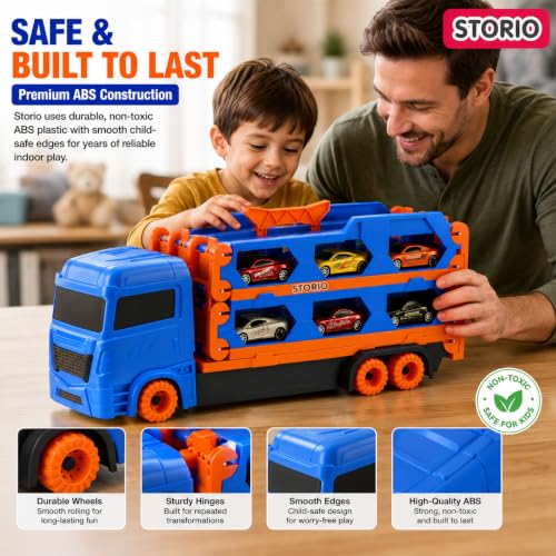 Image of Storio Big Hauler Storage & Deform Transport Truck Toy | 3-in-1 Transforming Carrier with Foldable Dual Racing Track & 2 Die-Cast Cars | Push & Go Toy for Kids Boys & Girls 3+ Years
