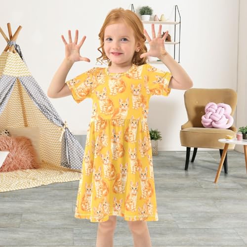 Orange Cat Girls Dresses Sundress Kids Short Sleeve Casual A Line Dresses3