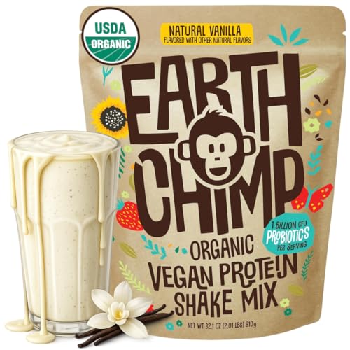EarthChimp Organic Vegan Protein Powder - with Probiotics - Non GMO, Dairy Free, Non Whey, Plant Based Protein Powder for Women and Men, Gluten Free - 26 Servings 32 Oz (Vanilla)