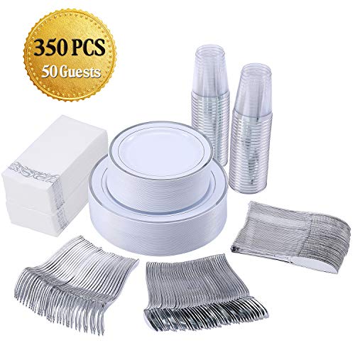 350 Piece Silver Dinnerware Set 50 Guest-100 Silver Rim Plastic Plates-50 Silver Plastic