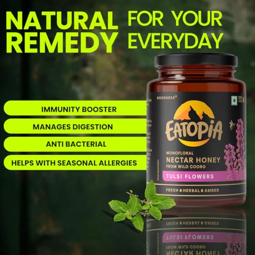 Image of Eatopia Tulsi Honey 1 kg | Natural Ayurvedic Immunity Booster | Helps in Curing Cough & Cold | No Refined Sugar | 100% Natural & Pure Honey | Rich in Antioxidants | Monofloral Nectar Honey from Wild Coorg | Pack of 2 with 500g Serving each