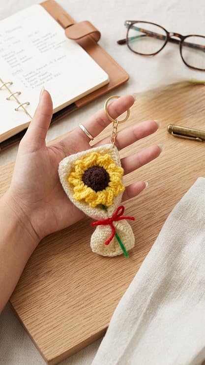 Image of Handmade Crochet Keychain Combo for Girls Women Cute Aesthetic Sunflower Strawberry Watermelon Daisy Knitted Keychain Bag Charm Purse Charm Car Key Ring Backpack Accessories Gift