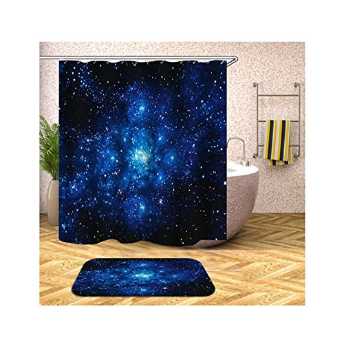 Polyester Duschvorhang & Badezimmerteppich Set Sterne Himmel Bad Vorhang Badvorleger 165x180CM mit 12 Duschvorhangringen