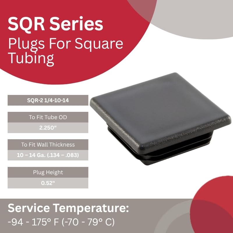 Image of Caplugs SQR-2-1 /4-10-14 SQR Series, Plastic Plug for Square Tubing, LD-PE, To fit Square Tube Size OD 2.250 inch Wall Thickness 10-14 Ga. (0.134-0.083) inch, Impact-Resistant Base, Black, Pack of 8 (99395091)