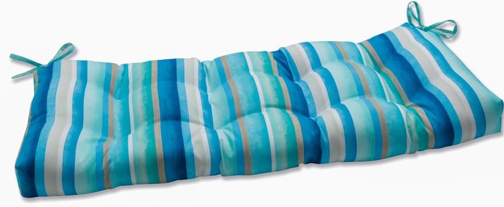 Pillow Perfect Stripe Indoor/Outdoor Sofa Setee Bench Swing Cushion with Ties, Tufted, Weather, and Fade Resistant, 18" x 44", Blue/Tan Dina, 1 Count 18" x 44" Blue/Tan Dina