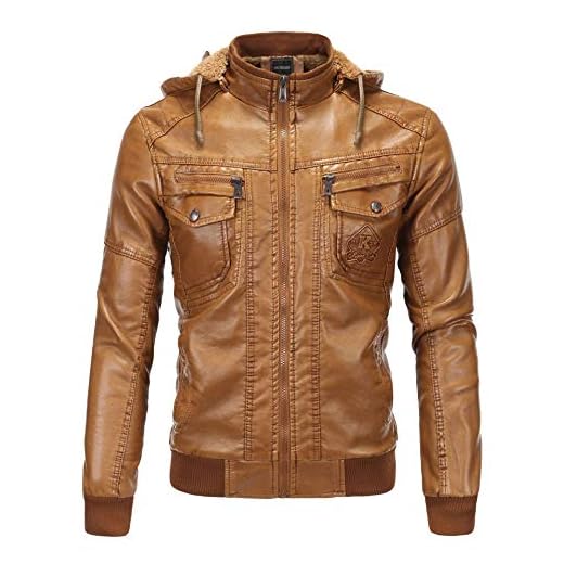 WSLCN Jaqueta Masculina de Couro Sintético Acolchoada com Capuz Removível Casual Jaqueta de Motocicleta Inverno Marrom 3G