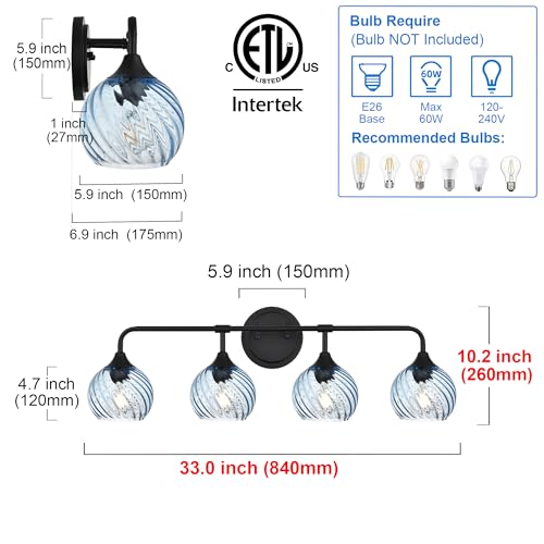 Image of MELUCEE Bathroom Light Fixtures Black Vanity Light with Blue Striped Swirl Glass Shade, 4 Light Modern Wall Light Fixtures for Mirror Kitchen Living Room Bedroom Hallway