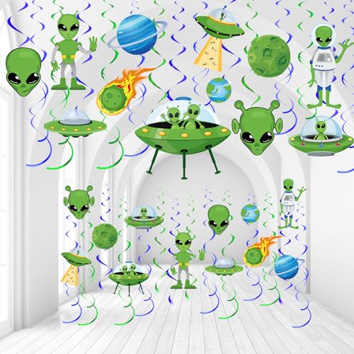 Capoda 54 Pcs Alien Decorations Hanging Swirls No DIY UFO Theme Party Ceiling Decorations Green Alien Outer Space Saucer Man Hanging Swirls for Boys Girls Birthday Baby Shower Supplies