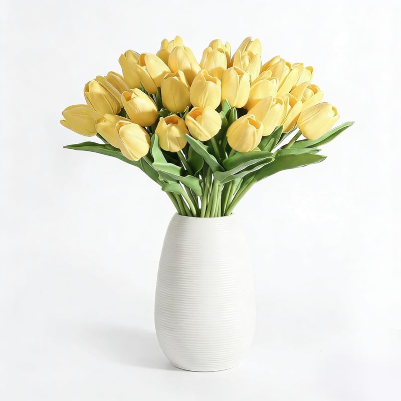 Image of 20Pcs Stems 13.5 Inch Light Yellow PU Artificial Moisturizing Tulips, Faux Tulips Flowers for Thanksgiving Christmas Decorations Wedding Home Table Vase Floral Arrangements