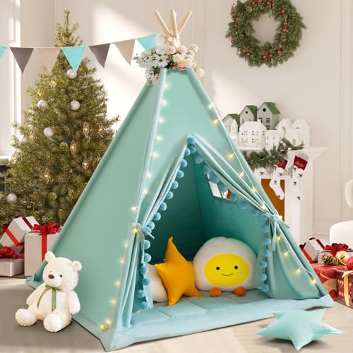 WIRHAO Tipi Tienda de campaña para niños con acolchado mate de algodón, lona tipi, tienda de campaña para niños con pompón, para interiores, para niñas y niños, con luces de estrellas, bolsa de