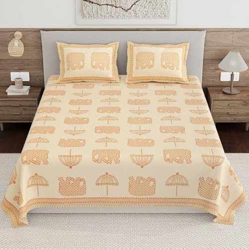 Image of Living Roots Ethnic Jaipur Block Print Double Cotton Bedsheet & 2 Pillow Covers, for Mattress Upto 6 inches Thick, No Colour Bleeding, Orange Colour, King Size 90 * 108 inches, 120TC (601-A)