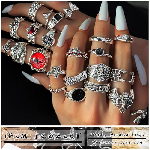 Image of IFKM Vintage Silver Knuckle Rings Set for Women, Stackable Joint Finger Statement Rings Bohemian Retro Hollow Carved Midi Rings, Boho Halloween Skeleton Skull Snake Heart Chunky Stacking Rings Pack