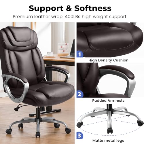 COMHOMA Ergonomic Office Chair Wheels Home Office Desk Chairs Comfy Back Support PU Leather Executive Office Chair with Headrest Padded Armrests Height Adjustable Tilt Swivel Rolling Reclining Seat
