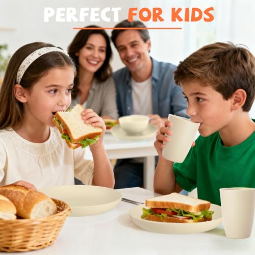Image of Kitchen Wheat Straw Dinnerware Sets for 4, Unbreakable Kids Dish Set 20 PCS - Dinner Plate /Cereal Bowl /Cup /Fork /Spoon, for Outdoor Camping, RV, Apartment Essentials - Beige