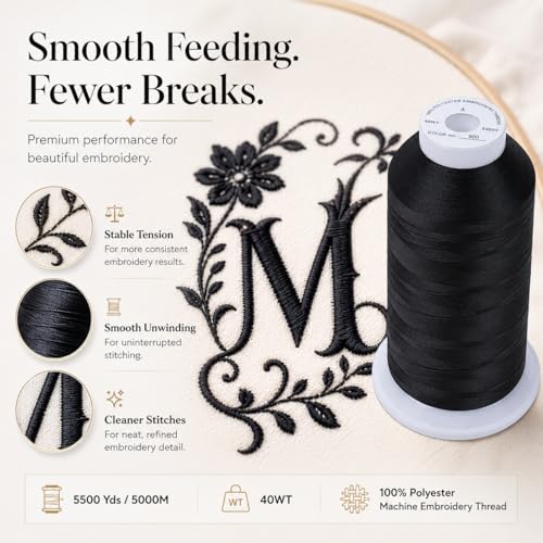 Image of Simthread Embroidery Machine Thread 5000M 40WT Polyester, Black 900 | 5000M 40WT polyester thread feeds smoothly for home or commercial embroidery projects.