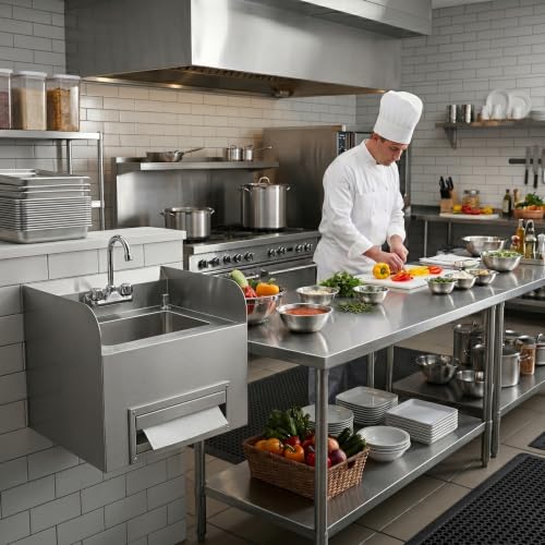 Image of Commercial Wall Mount Hand Sink 18-1 /4 in. x 17-5 /8 in. with Soap Dispenser, Paper Towel Dispenser, Low Lead Faucet, 304 Stainless Steel Hand Wash Station, 4 in. Backsplash, NSF