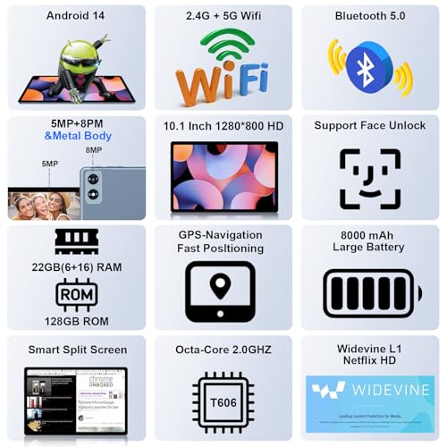 2024 10 Inch Tablet, 22GB RAM 128GB ROM | Android 14, with Keyboard, Widevine L1, Octa-Core, 8000mAh Battery, 5G Wifi, HD IPS Display, TF 1TB, GPS, Mouse, Case, Split Screen - Image 4